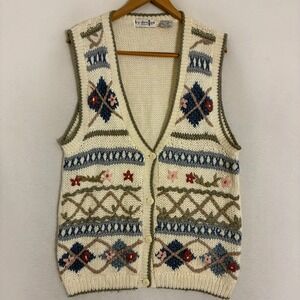 Vtg Knit Sweater Vest Womens 1X Button Up Embroidered Floral Cottagecore Boho